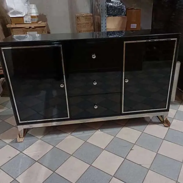 A glamor lacquered wooden chest of drawers with steel legs, black modern Lorenzo L Silver OUTLET