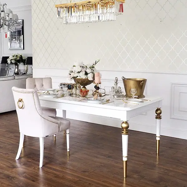 High gloss glamorous table, elegant white high gloss, light gold QUEEN