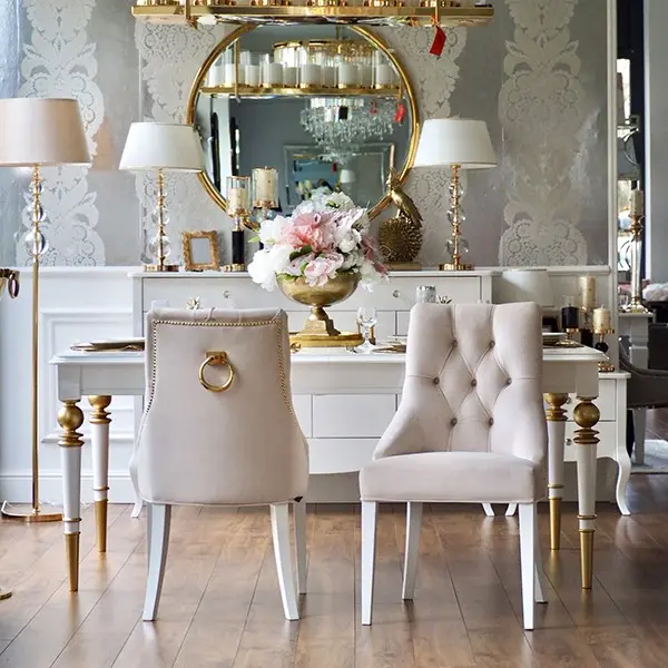 High gloss glamorous table, elegant white high gloss, light gold QUEEN