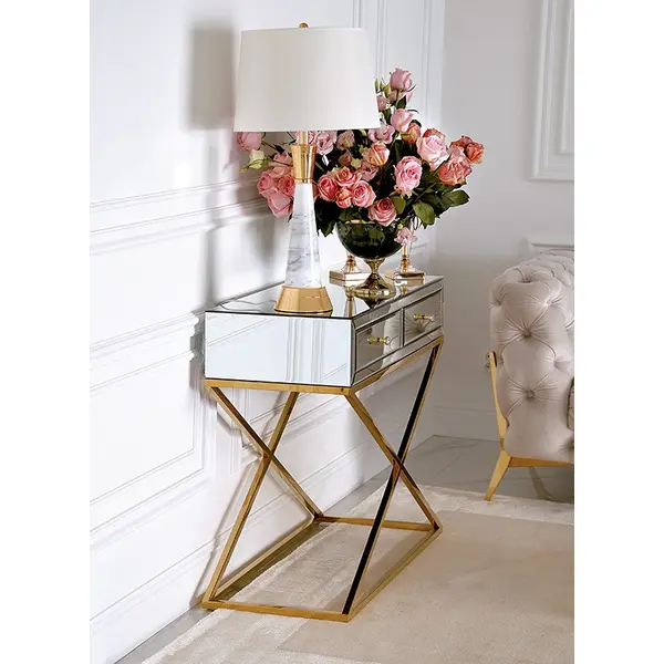 Konsola lustrzana glamour CHICAGO GOLD metalowe nogi glamour nowojorska złota OUTLET