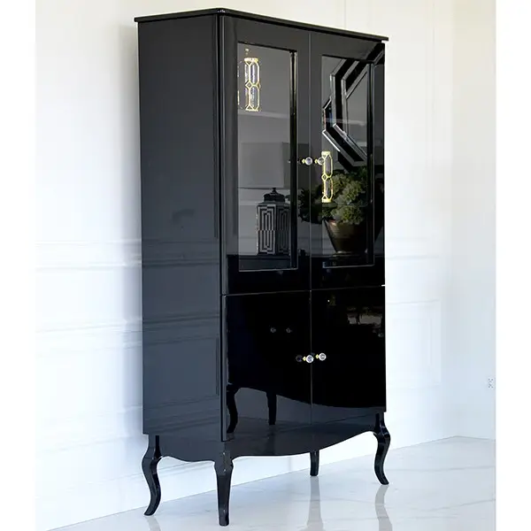 High-gloss glass display cabinet for the living room, black, curved legs ELENA GLAMOR