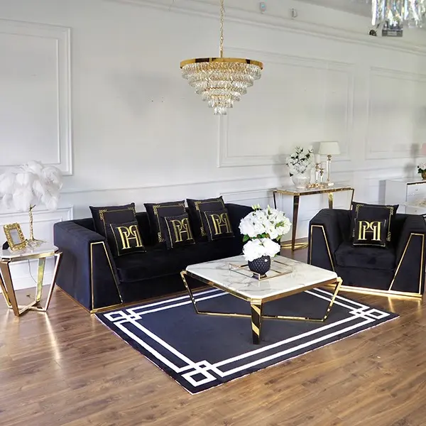 Black velvet quilted sofa, modern in a glamor style, for a golden living room MONTE CARLO OUTLET