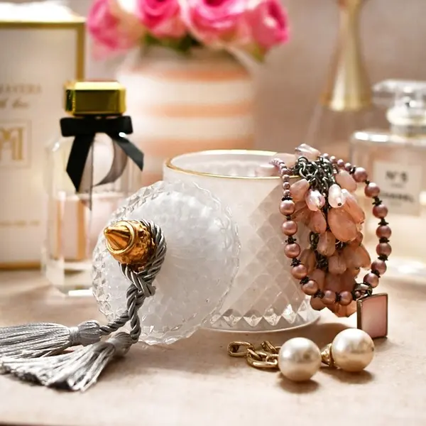 Decorative scented candle in a white and gold crystal glass container