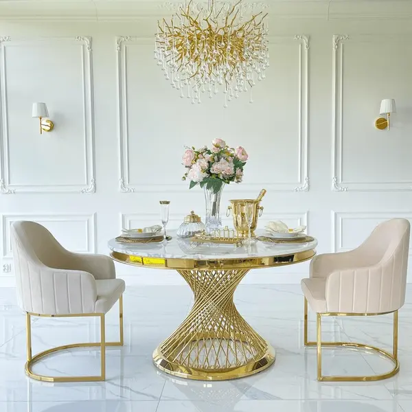 Stół designerski nowoczesny okrągły do jadalni z blatem  biały, czarny marmur lub Patagonia,  złoty 130 cm ANTONIO