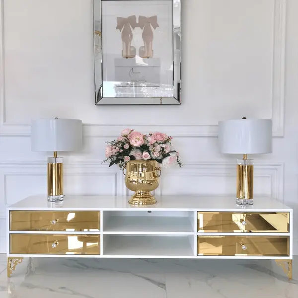 Exclusive TV chest of drawers, with mirrors, wooden, white, black, glamor, lacquered, silver VENICE
