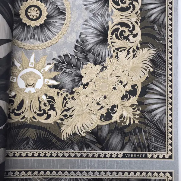 Luxurious Versace V Jungle Animalier glamor wallpaper leaf theme, black - gold, palm leaves, glamor