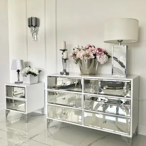 Luxurious bedside table, lacquered wooden side table, with mirror, silver VENICE