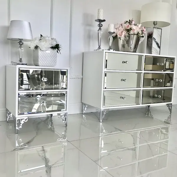 Luxurious bedside table, lacquered wooden side table, with mirror, silver VENICE