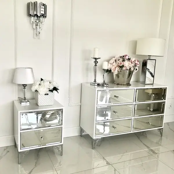 Luxurious bedside table, lacquered wooden side table, with mirror, silver VENICE
