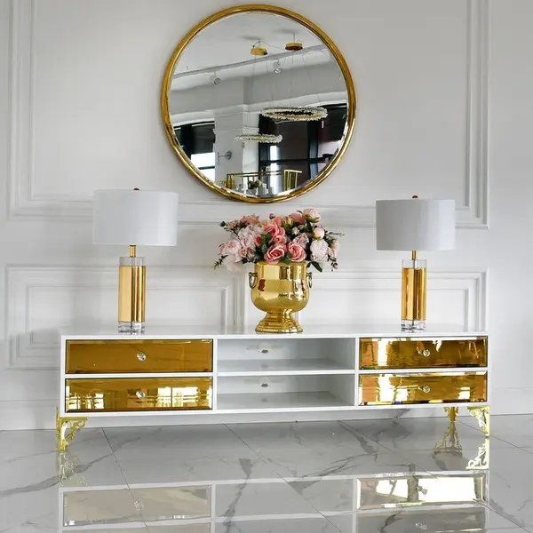 Exclusive TV chest of drawers, with mirrors, wooden, white, black, glamor, lacquered, silver VENICE