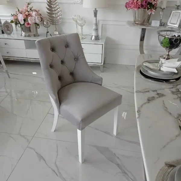 Krzesło glamour klasyczne do jadalni, z kołatką, drewniane, tapicerowane, pikowane, biała czarna noga LIVORNO