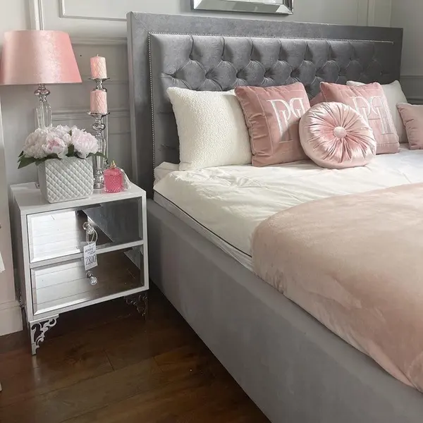 Luxurious bedside table, lacquered wooden side table, with mirror, silver VENICE