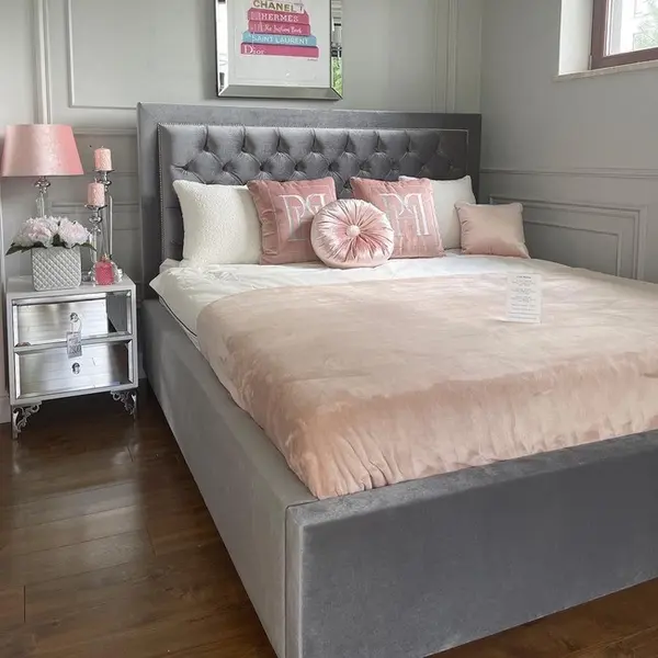 Luxurious bedside table, lacquered wooden side table, with mirror, silver VENICE