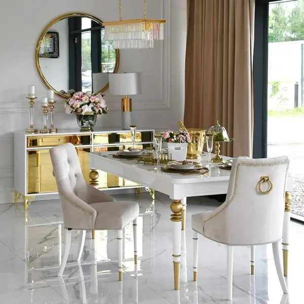 High gloss glamorous table, elegant white high gloss, light gold QUEEN