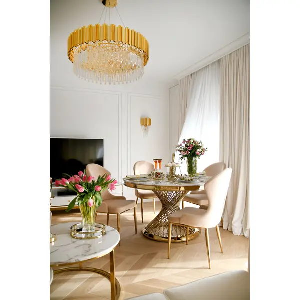 Stół designerski nowoczesny okrągły do jadalni z blatem  biały, czarny marmur lub Patagonia,  złoty 130 cm ANTONIO