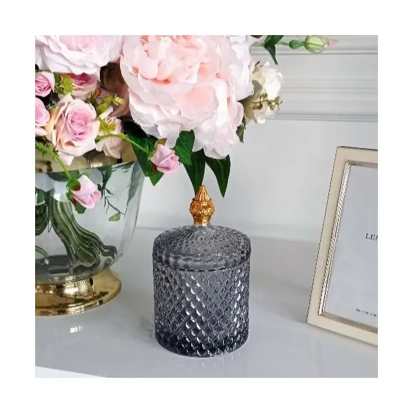 Glass container, smoked, gold, decorative, for accessories, for a dressing table, for jewelry, closed