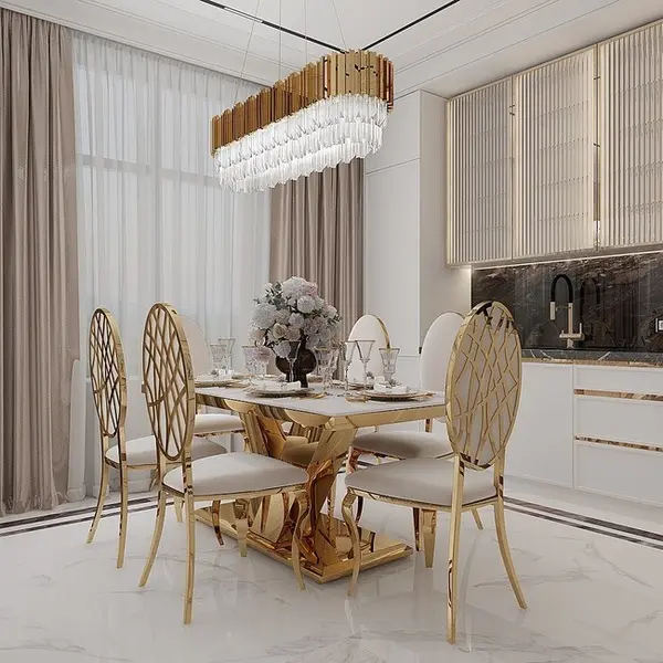 Exclusive glamor dining table, modern, with white marble, gold LV COLLECTION