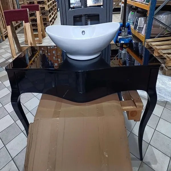 Komoda glamour łazienkowa, czarna,  drewniana, elegancka w zestawie bateria, umywalka, zestaw Leila