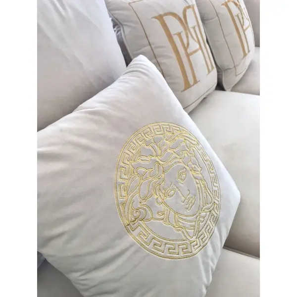 Decorative velvet pillow beige with gold logo Medusa