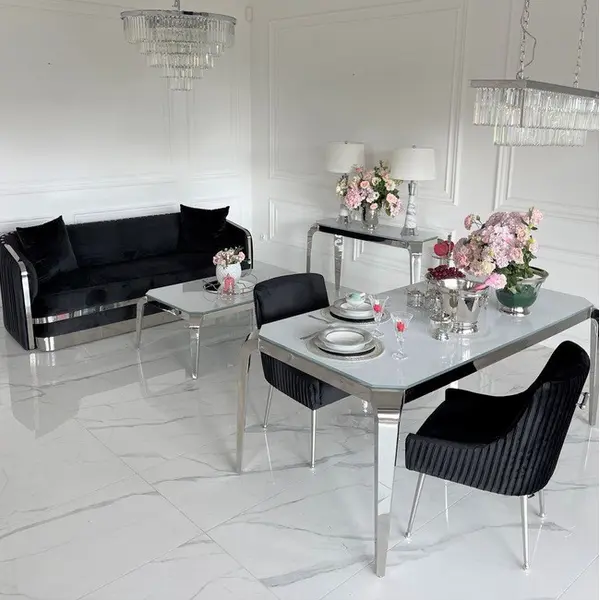 Stół glamour srebrny glamour z białym szklanym blatem, stalowy, nowoczesny, designerski ELITE