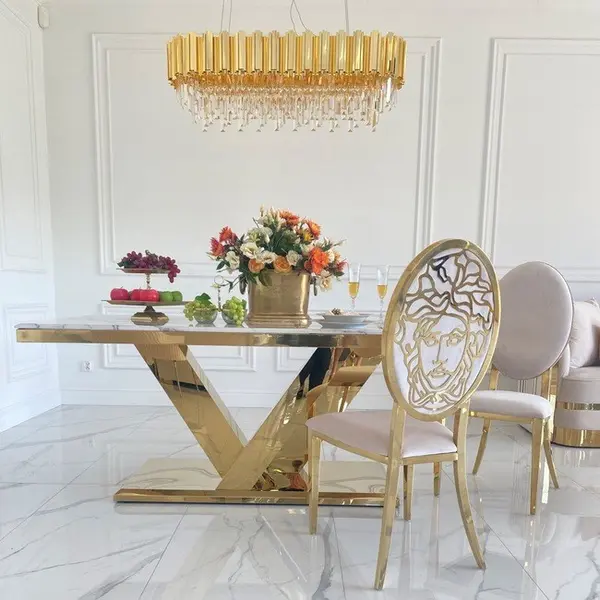 Exclusive glamor dining table, modern, with white marble, gold LV COLLECTION
