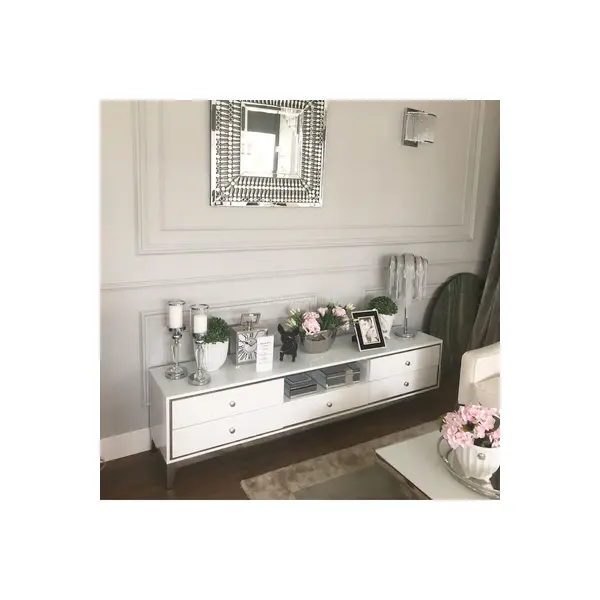 Komoda RTV glamour wysoki połysk biała srebrna nowoczesna luksusowa Lorenzo L Silver OUTLET