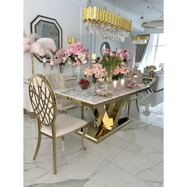Exclusive glamor dining table, modern, with white marble, gold LV COLLECTION