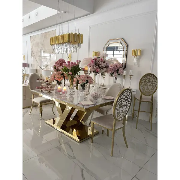 Exclusive glamor dining table, modern, with white marble, gold LV COLLECTION