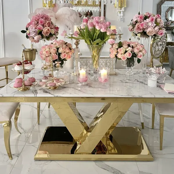 Exclusive glamor dining table, modern, with white marble, gold LV COLLECTION