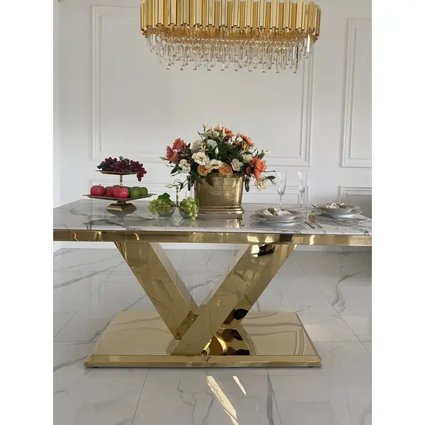 Exclusive glamor dining table, modern, with white marble, gold LV COLLECTION