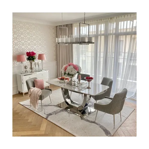 Ekskluzywny stół do jadalni, glamour, nowoczesny, designerski, biały blat marmurowy, srebrny ART DECO 220 cm OUTLET