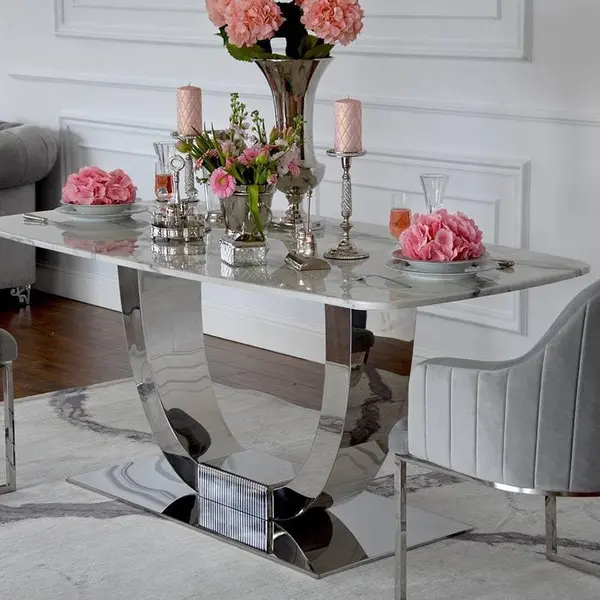 Ekskluzywny stół do jadalni, glamour, nowoczesny, designerski, biały blat marmurowy, srebrny ART DECO 220 cm OUTLET