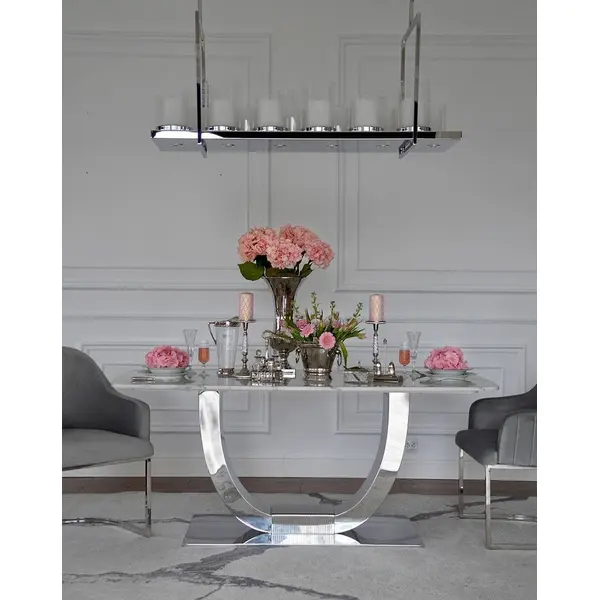 Ekskluzywny stół do jadalni, glamour, nowoczesny, designerski, biały blat marmurowy, srebrny ART DECO 220 cm OUTLET