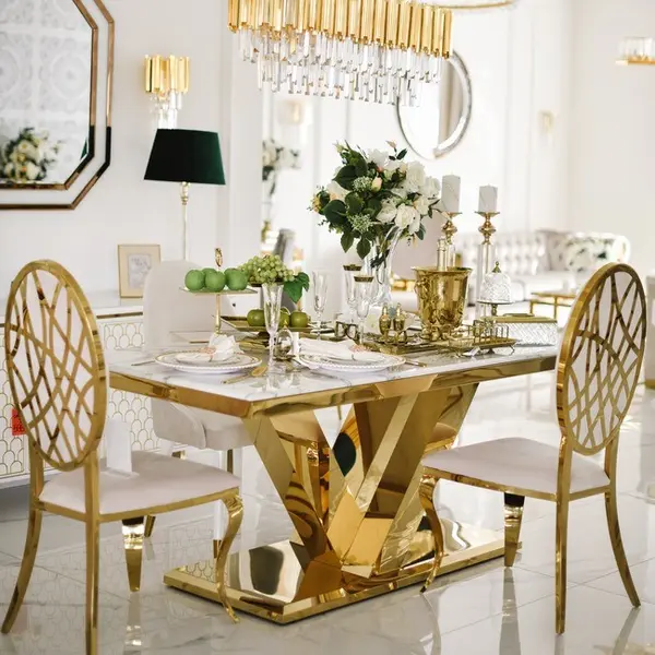 Exclusive glamor dining table, modern, with white marble, gold LV COLLECTION