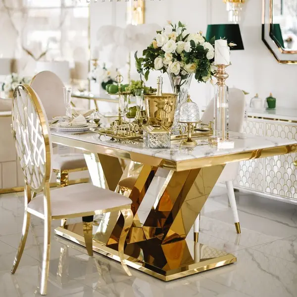 Exclusive glamor dining table, modern, with white marble, gold LV COLLECTION