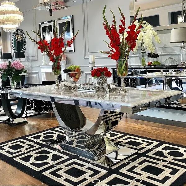 Stół glamour ekskluzywny do jadalni, nowoczesny, designerski, szklany blat, srebrny ART DECO II OUTLET