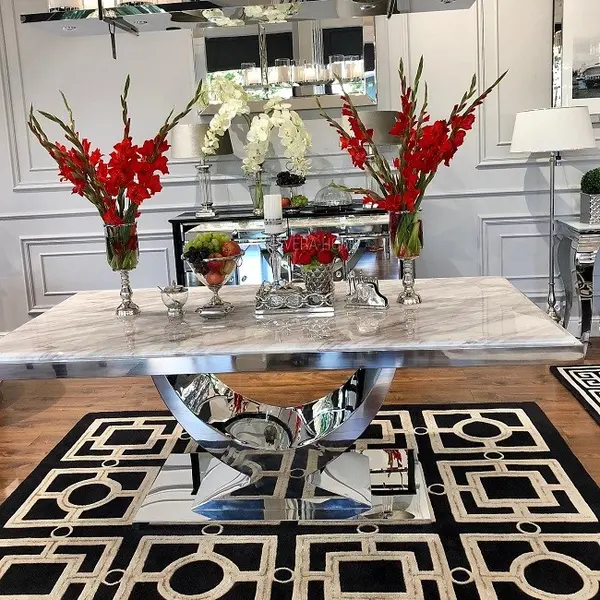 Stół glamour ekskluzywny do jadalni, nowoczesny, designerski, szklany blat, srebrny ART DECO II OUTLET