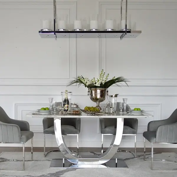 Ekskluzywny stół do jadalni, glamour, nowoczesny, designerski, biały blat marmurowy, srebrny ART DECO 220 cm OUTLET