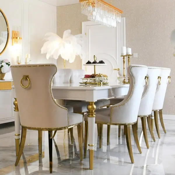 High gloss glamorous table, elegant white high gloss, light gold QUEEN