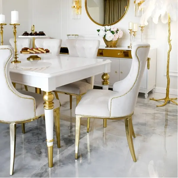 High gloss glamorous table, elegant white high gloss, light gold QUEEN