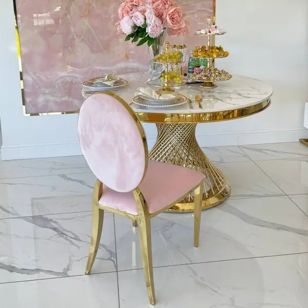 Ekskluzywne krzesło na salę weselną, na ślub złote różowe glamour, wygodne, bankietowe do hotelu, restauracji ANILLO