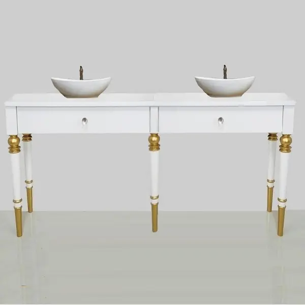 Glamorous bathroom console for wooden washbasins with drawers, white and gold, QUEEN