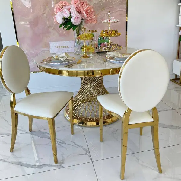Ekskluzywne krzesło na salę weselną, na ślub złote białe glamour, wygodne, bankietowe do hotelu, restauracji RING