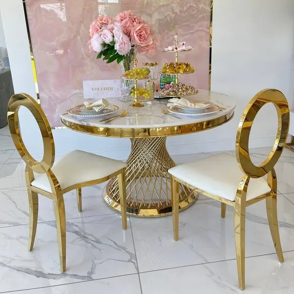 Ekskluzywne krzesło na salę weselną, na ślub złote białe glamour, wygodne, bankietowe do hotelu, restauracji RING