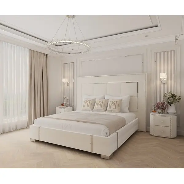 Zestaw dwóch szafek nocnych glamour, stylowe z ekoskórą, białe srebrne szafki nocne z szufladami HERMITAGE OUTLET