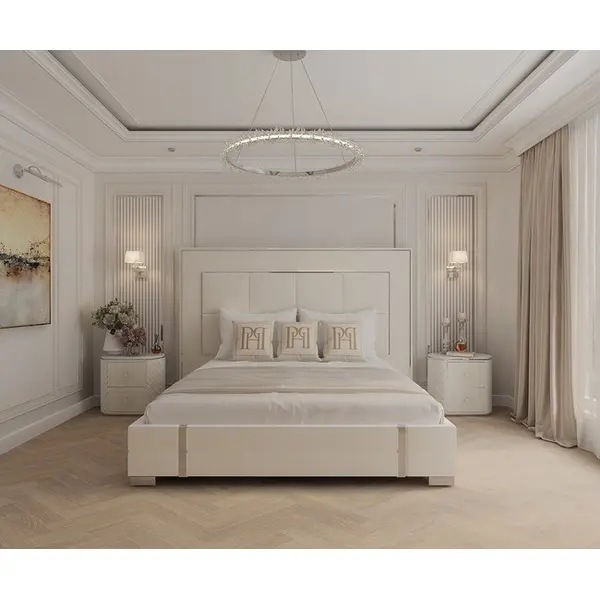 Zestaw dwóch szafek nocnych glamour, stylowe z ekoskórą, białe srebrne szafki nocne z szufladami HERMITAGE OUTLET