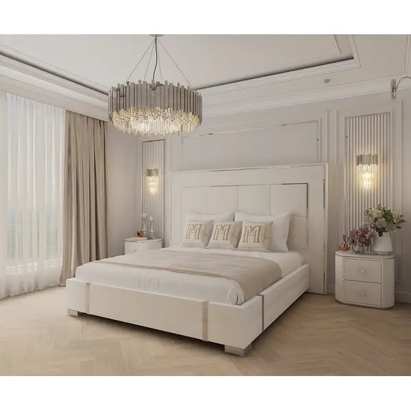 Zestaw dwóch szafek nocnych glamour, stylowe z ekoskórą, białe srebrne szafki nocne z szufladami HERMITAGE OUTLET