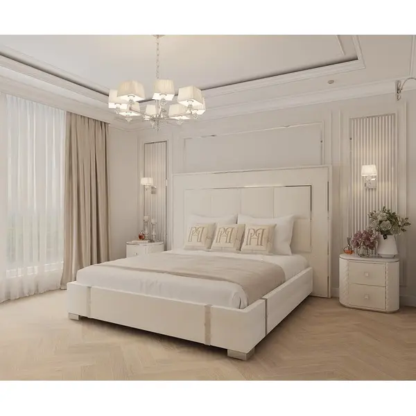 Zestaw dwóch szafek nocnych glamour, stylowe z ekoskórą, białe srebrne szafki nocne z szufladami HERMITAGE OUTLET