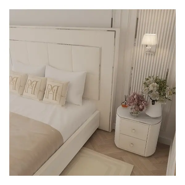 Zestaw dwóch szafek nocnych glamour, stylowe z ekoskórą, białe srebrne szafki nocne z szufladami HERMITAGE OUTLET