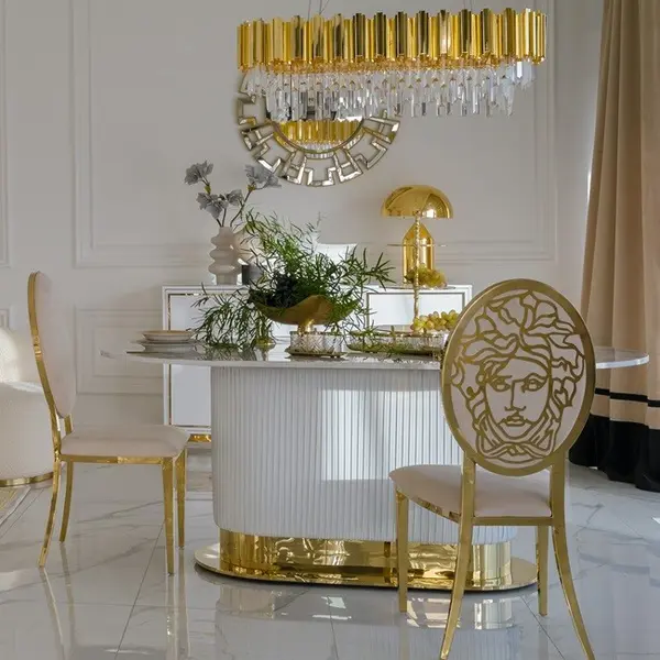 Stół złoty z marmurowym blatem, glamour do jadalni, nowoczesny, designerski ROYAL